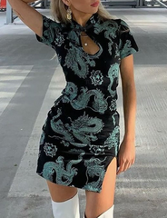 Green Vintage Cheongsam Dragon Print Slit Dress