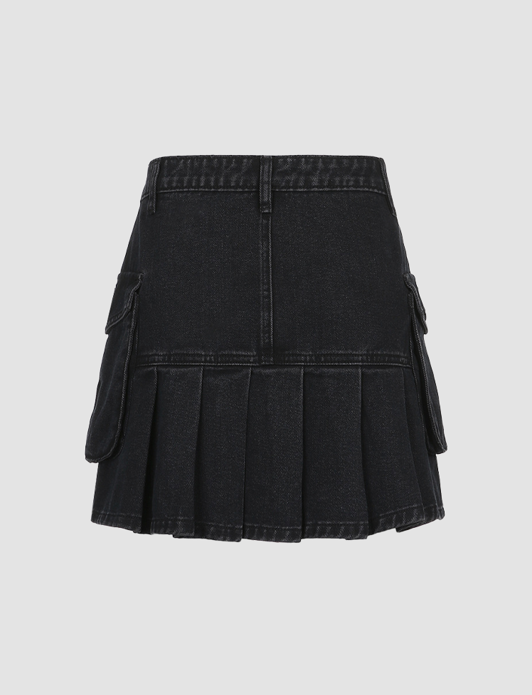 Black Ruched Denim Zipper Skirt