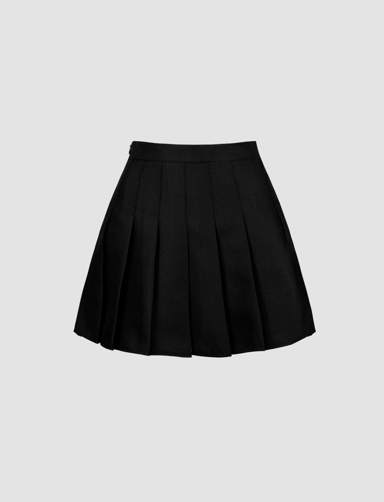 Black Crop Blazer&White Blouse&Pleated Skirt Three-piece Set