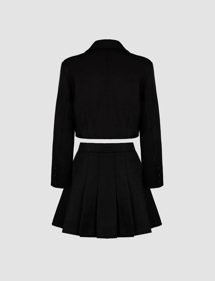 Black Crop Blazer&White Blouse&Pleated Skirt Three-piece Set