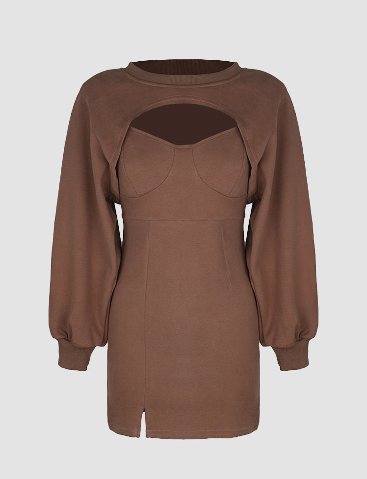 Brown Long Sleeve Sweater Crop Top And Slip Dress Set