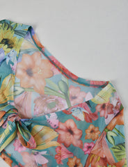 Summer Floral Print Mesh Crop Top And Mini Skirt Set