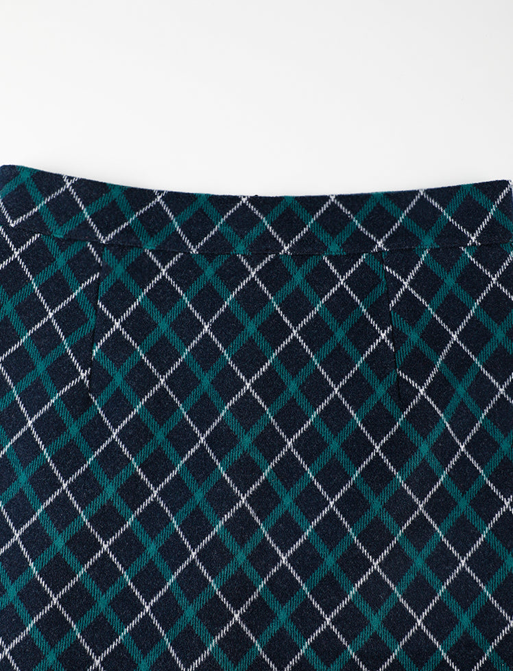 Green Contrast Plaid Skirt