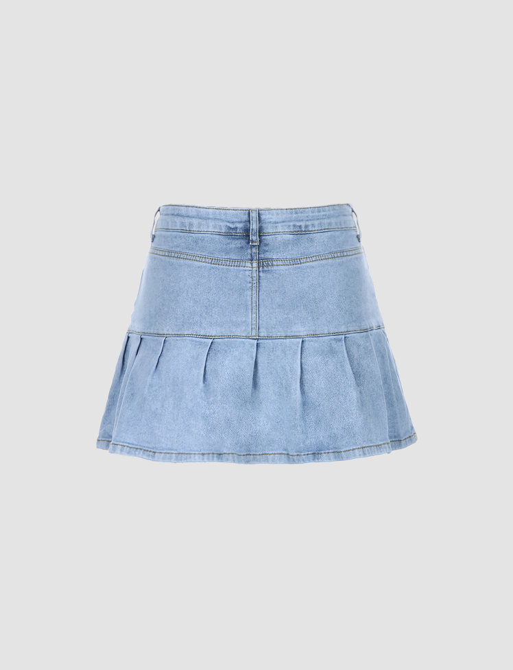 Pleated Denim Mini Skirt