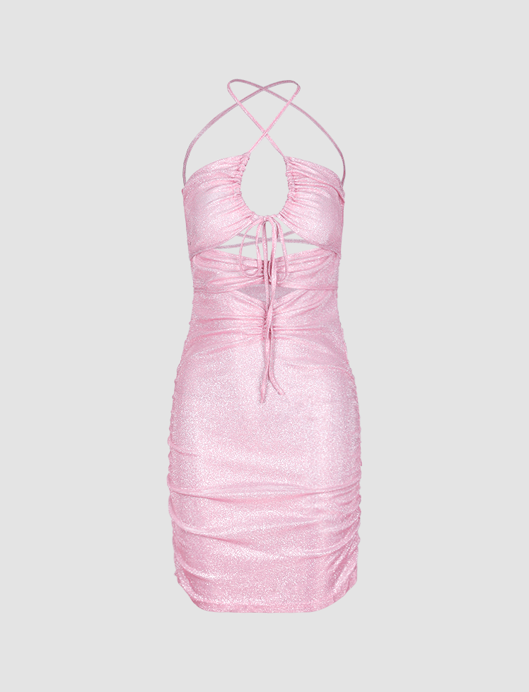 Pink Cut Out Ruched Jumper Tie Mini Dress