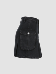 Black Ruched Denim Zipper Skirt