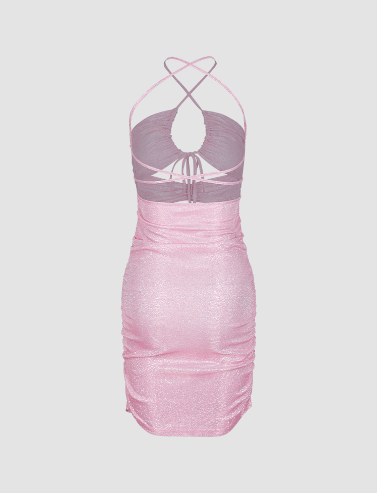 Pink Cut Out Ruched Jumper Tie Mini Dress