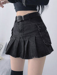 Black Ruched Denim Zipper Skirt