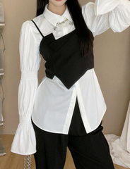 Black Irregular Camisole&White Puff Sleeve Blouse Set