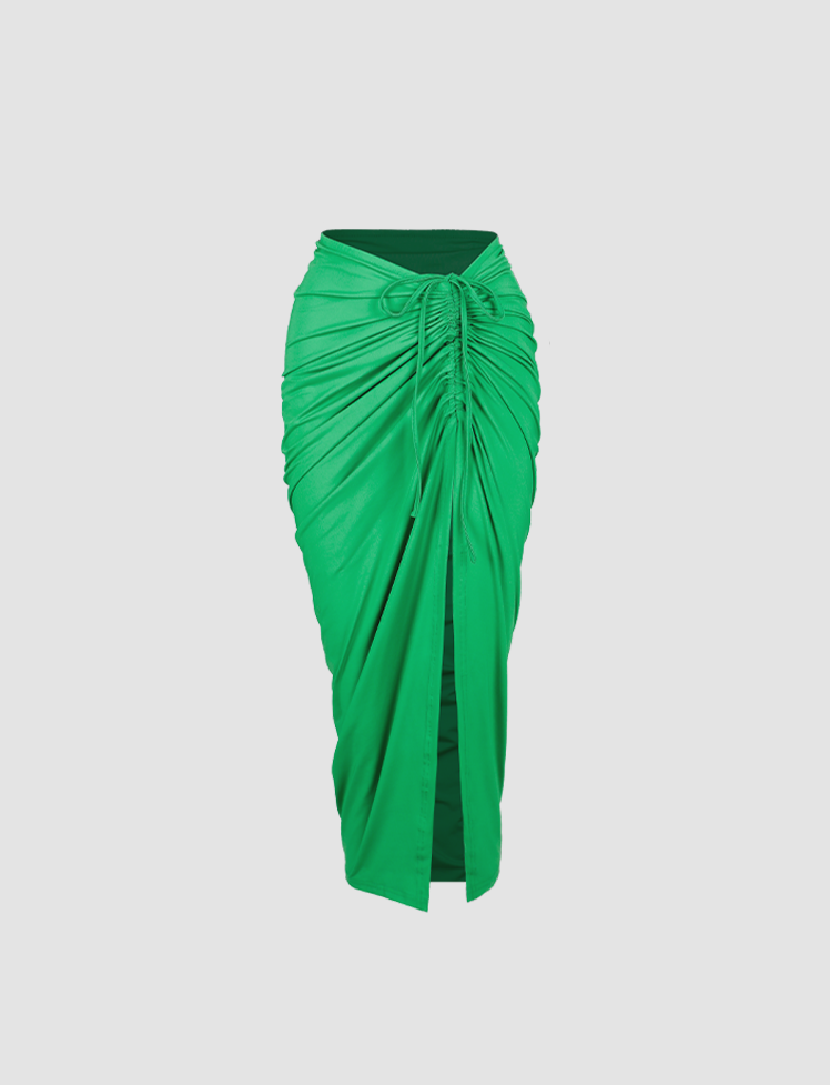 Green Tube Top&Ruched Gathered Slit Long Skirt Set