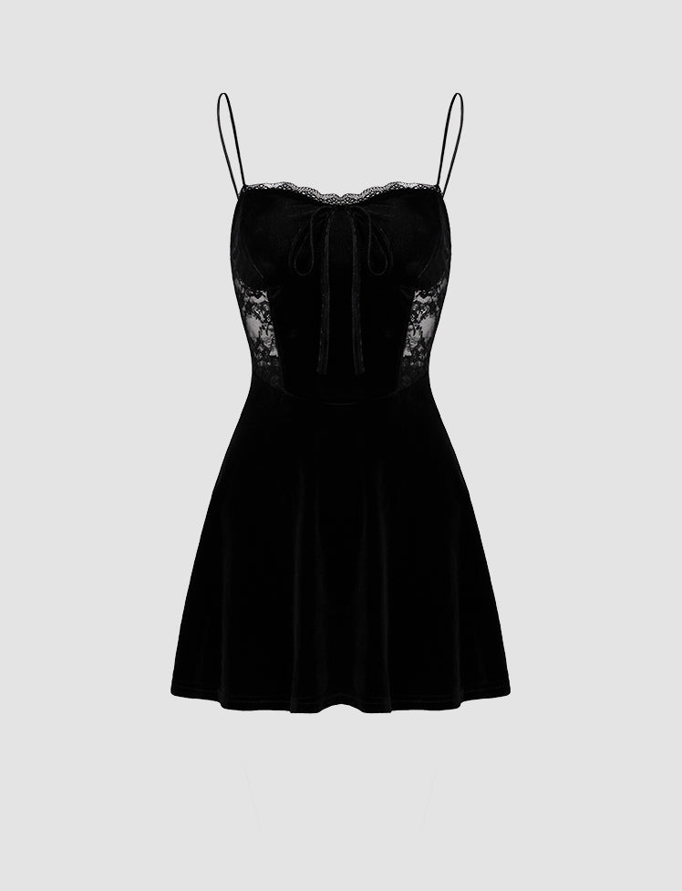 Lace Patch Velvet Party   Cami Little Black Dress