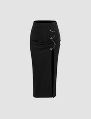 Solid U-pin Slit Long Skirt