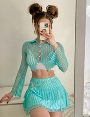 Mesh Hollow Top&Skirt Set