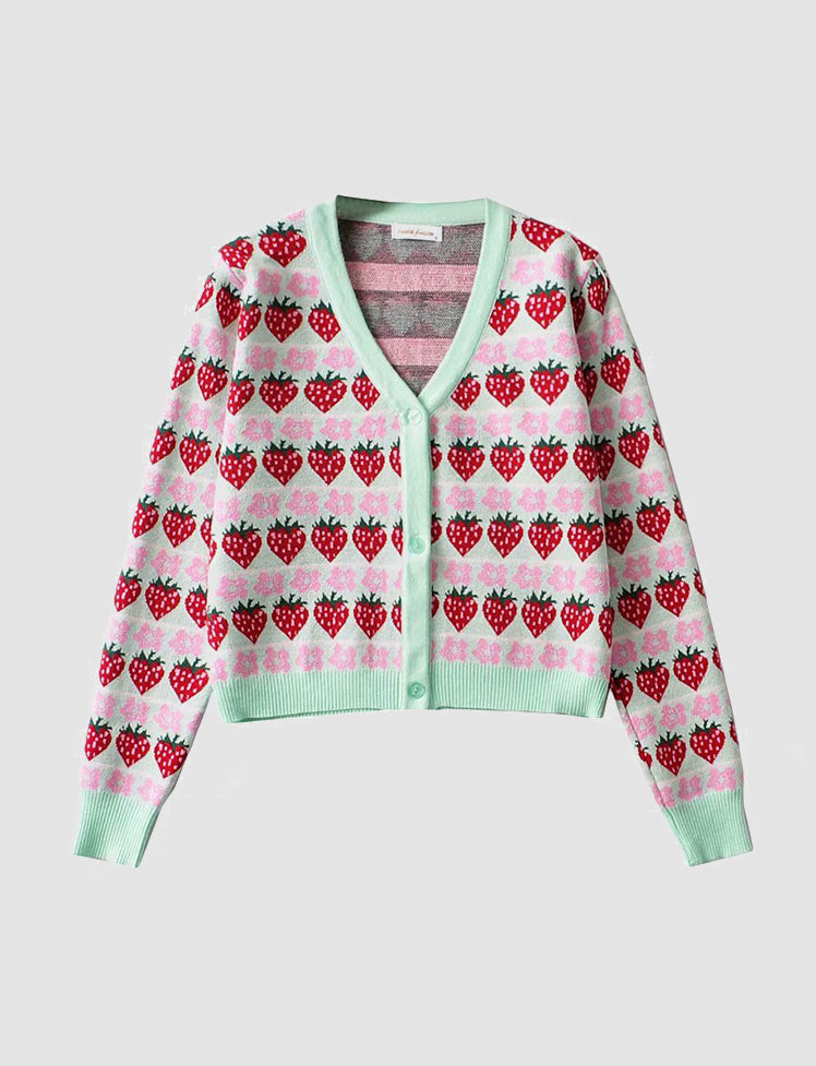 Pink Strawberry Print Knitted Cardigan