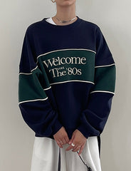 Vintage Contrast Patchwork Embroidered Letter Fleece Sweatshirt