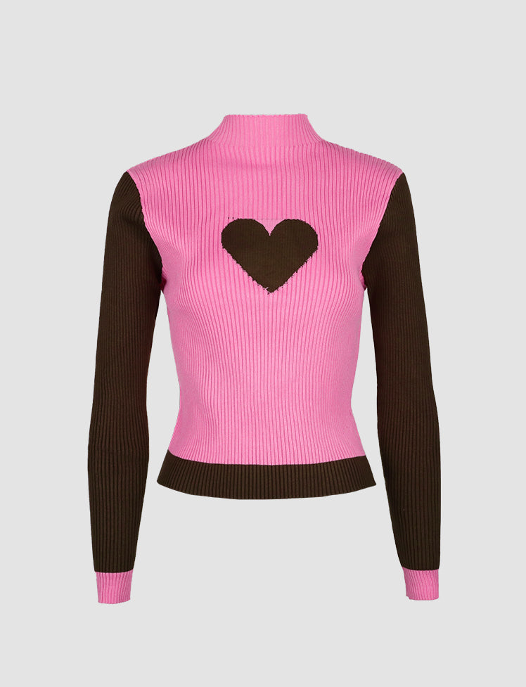 Pink Love Pattern Contrast Knitted Crop Sweater