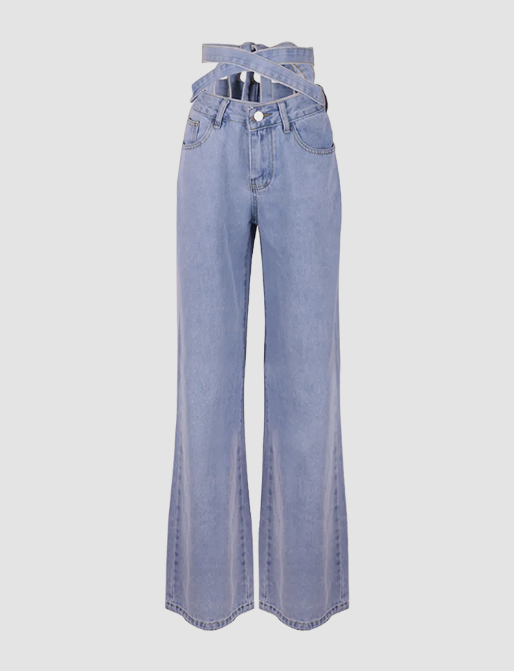 Loose Wide Leg Blue Jeans For   with Belt