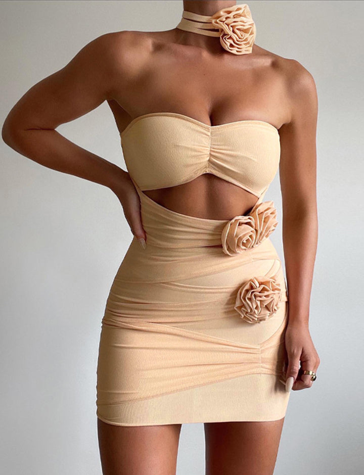 Beige Open Back Pleated Bodycon Short Dress For