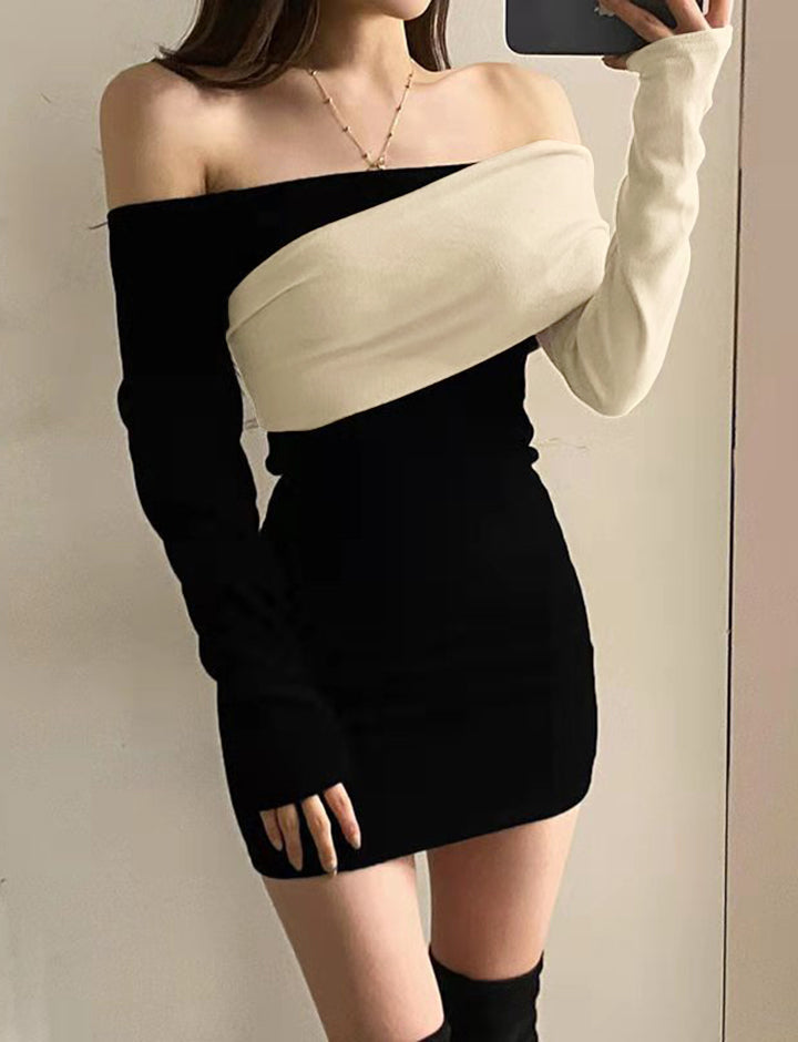 Colorblock Off Shoulder One Piece Bodycon Dress For