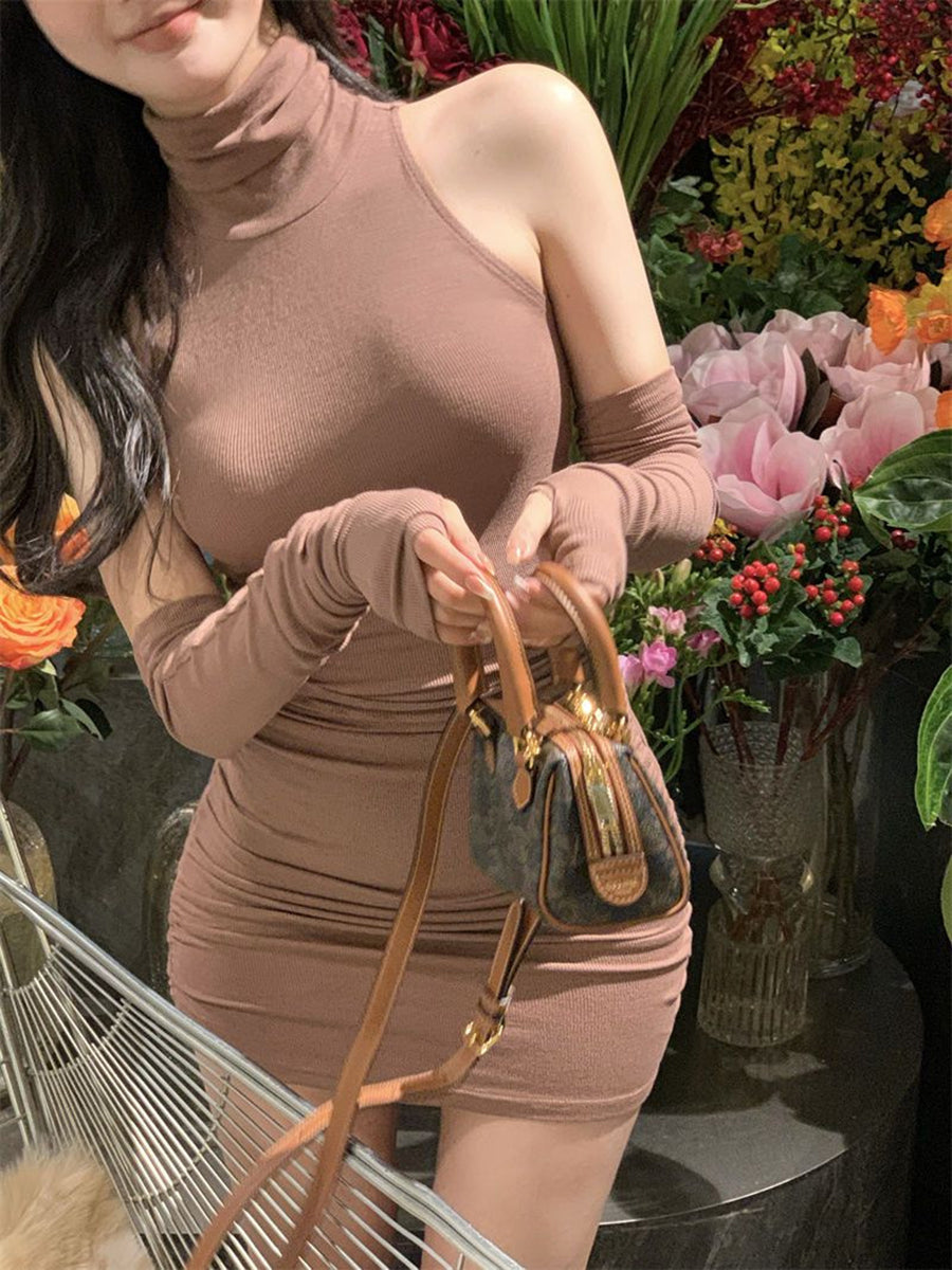 Solid Color High Neck Split Sleeve Dress