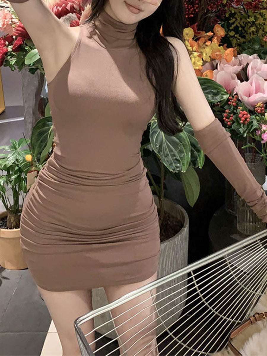 Solid Color High Neck Split Sleeve Dress