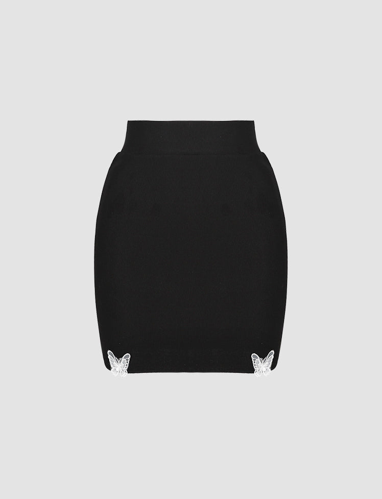 Black Butterfly Turtleneck Cut Out Top&Mini Skirt Set