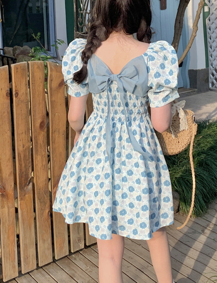 Floral Bowknot Puff Dress