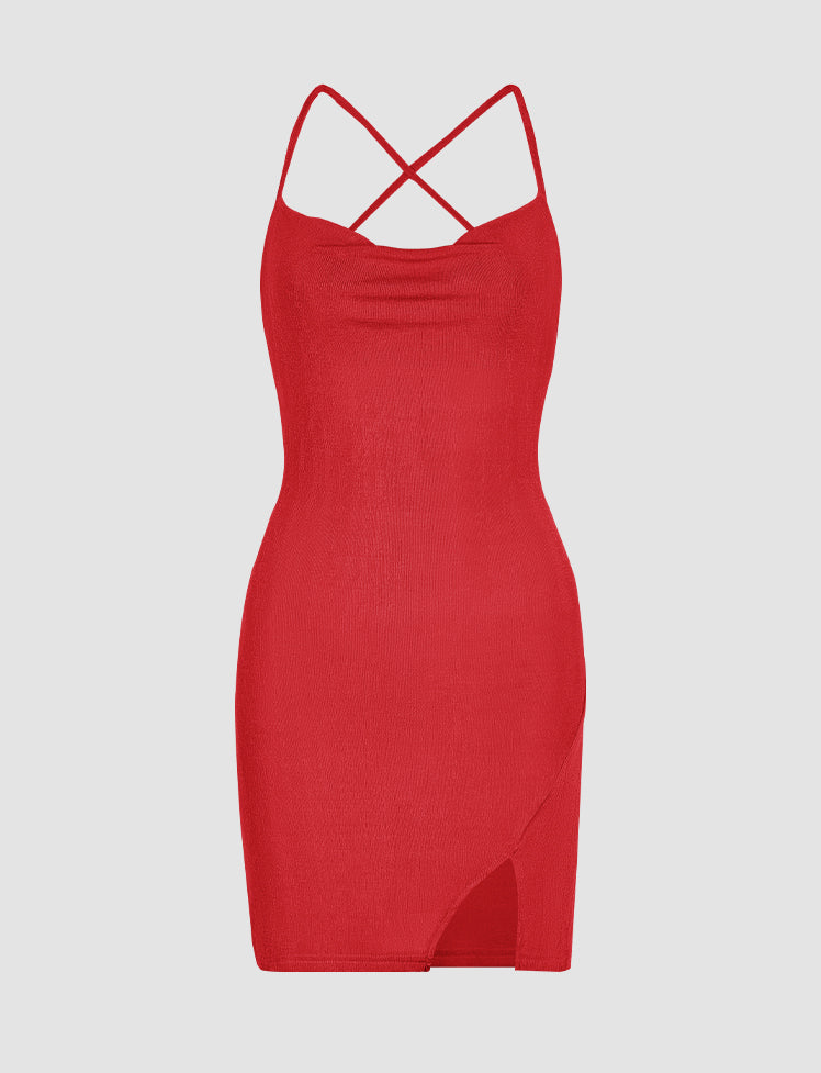 Cowl Neck Halter Slit Side Mini Dress