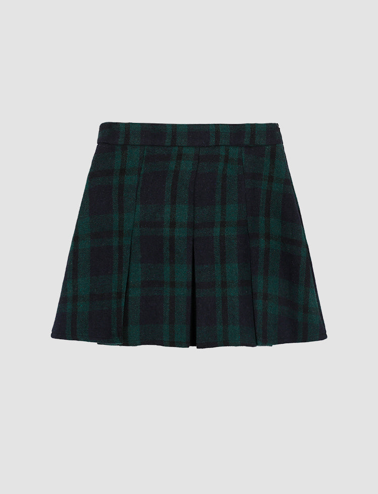 Dark Green Retro Plaid Crop Top&Pleated Skirt Set