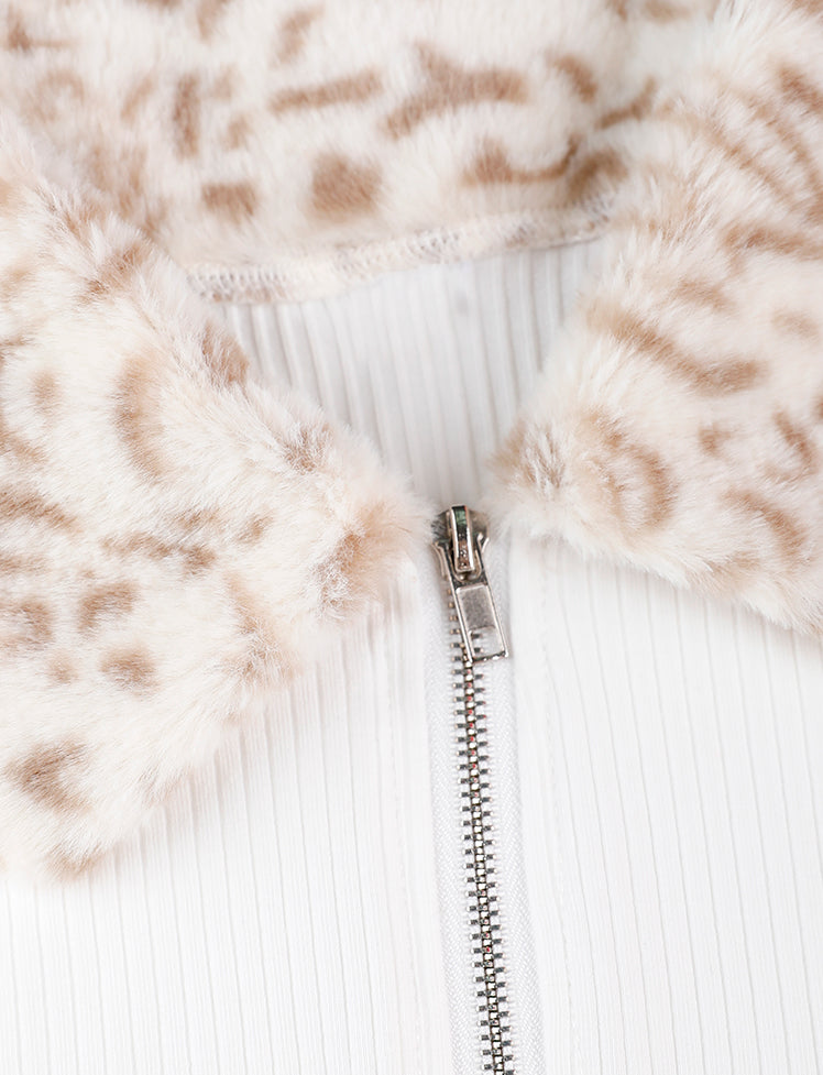 Beige Leopard Lapel Zip Knit Cardigan