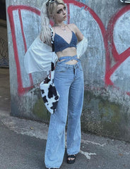 Loose Wide Leg Blue Jeans For   with Belt
