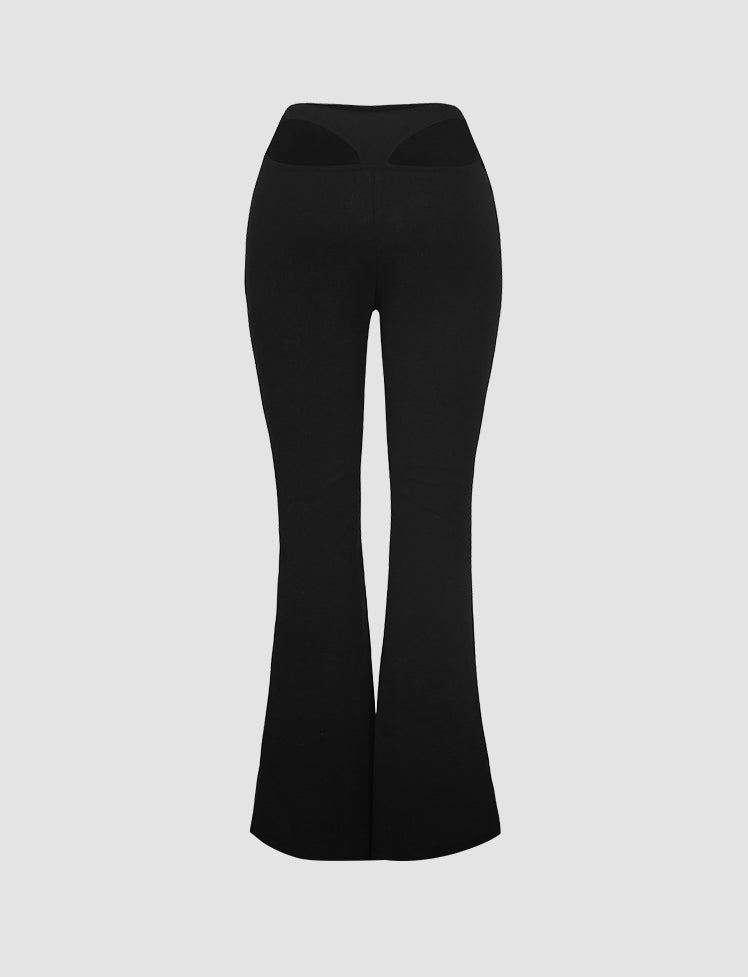 Solid Rib Cutout Flared Trousers