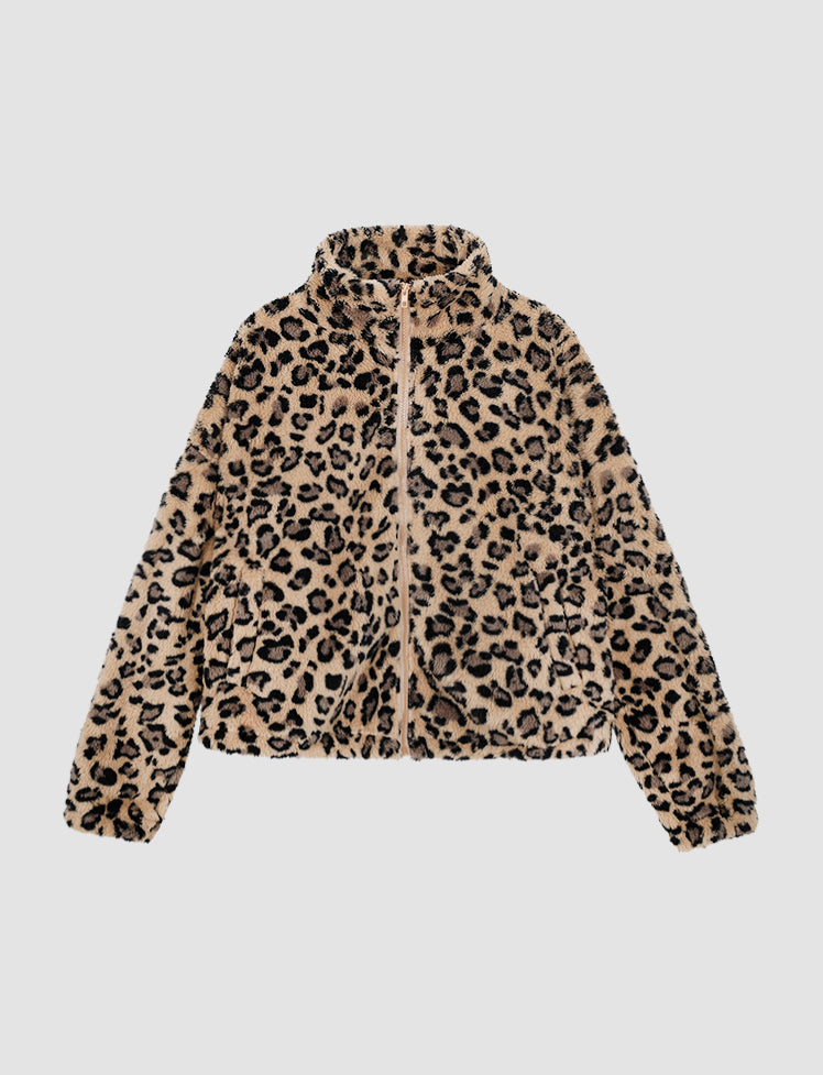 Apricot Leopard Print Plush Lapel Zipped Jacket