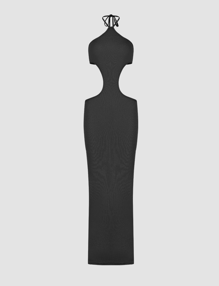 Ribbed Knit Cutout Waist Long Dress