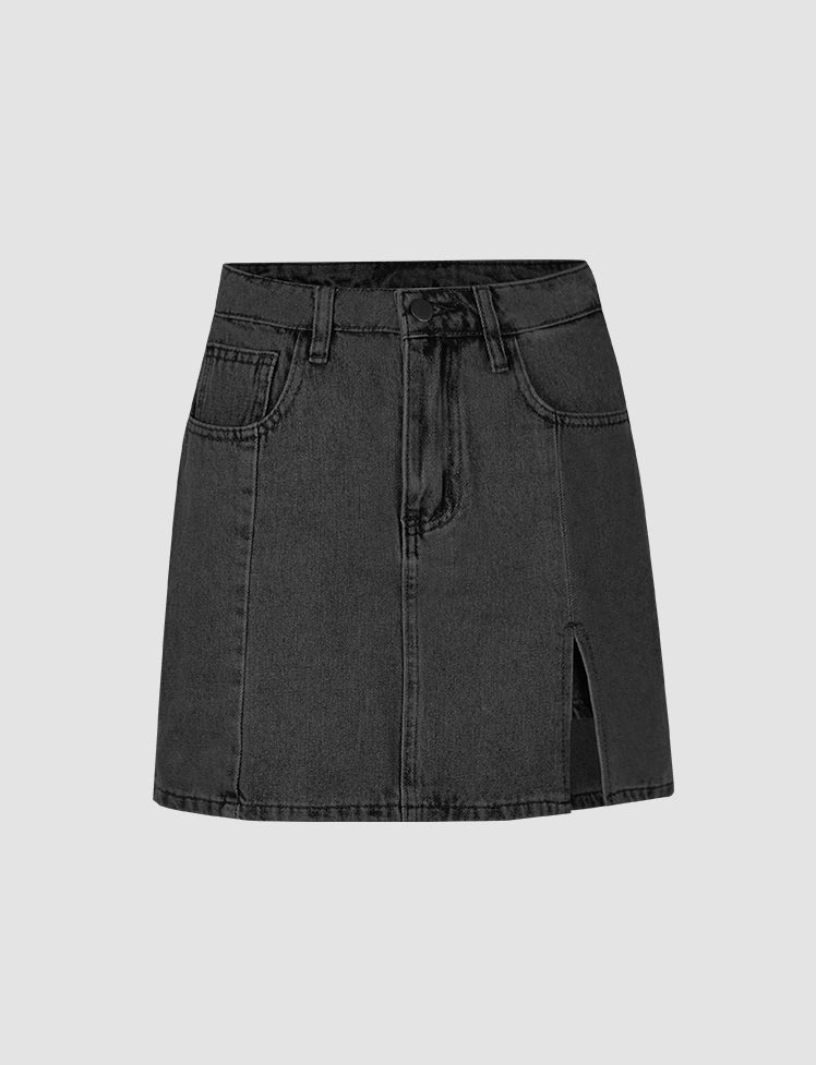 Slit Denim Mini Skirt