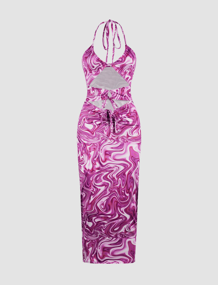 Slim Fit Halter Open Back Lace-up Floral Print Dress