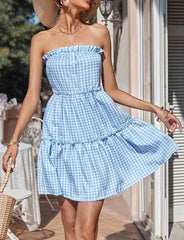 Off Shoulder Plaid Tiered Skirt