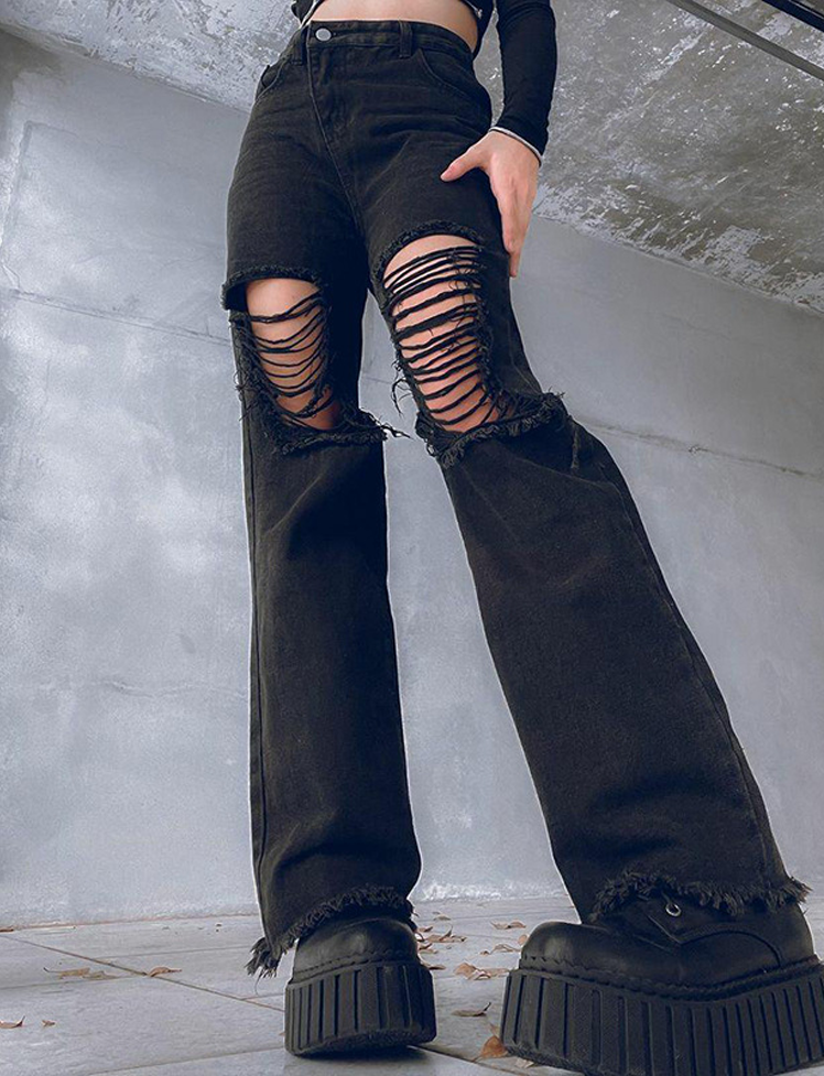 Low Waist Loose Slight Wide Leg Ripped Jeans