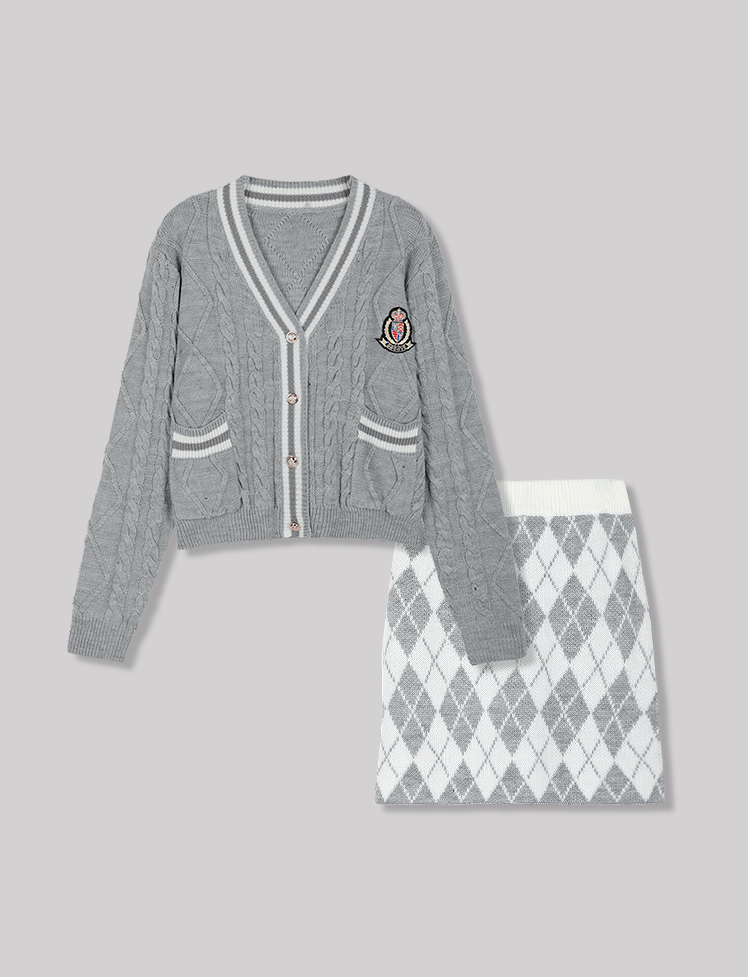 College Style Knit Contrast Color Cardigan&Diamond Skirt Set