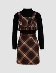 Brown Vintage Woolen Check Cami Top&Skirt&Tee Three-piece Set