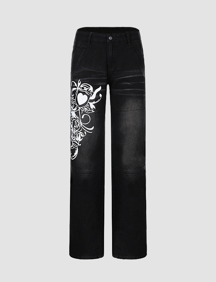 Heart Printed High Waisted Jeans