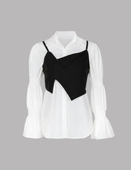 Black Irregular Camisole&White Puff Sleeve Blouse Set