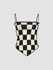 Black Crop Blouse Top&Checkerboard Cami Vest Two-piece Set