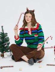 Green Striped Color-block Knitted Sweater