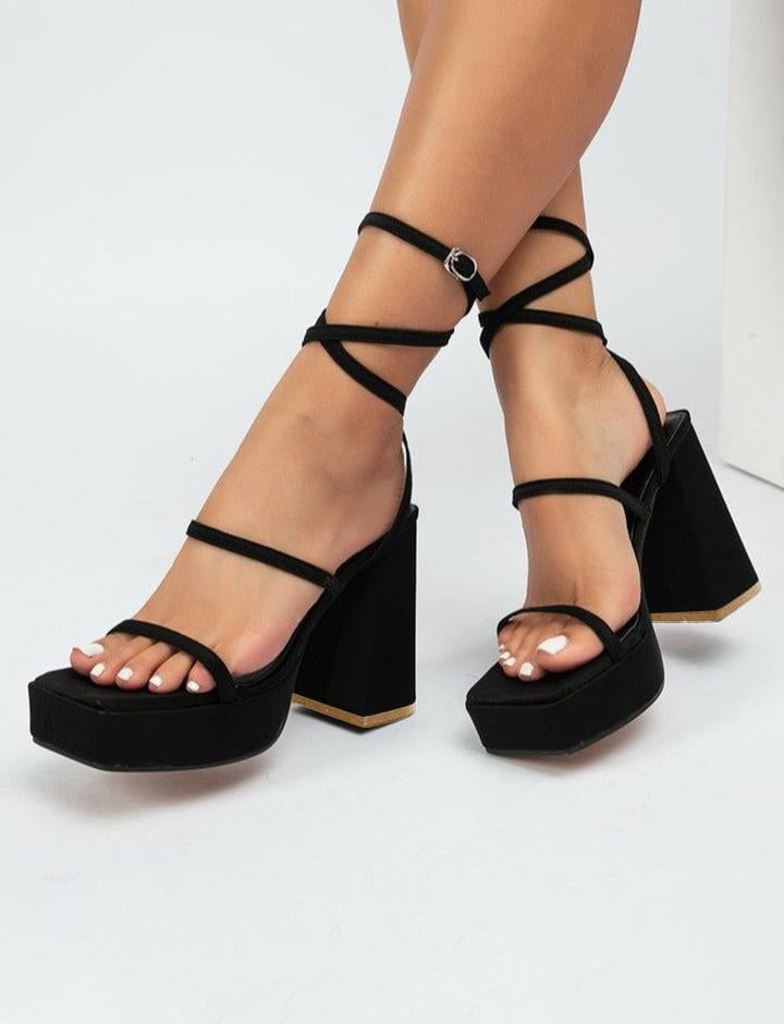 Basic Strap Lace Up Chunky Heel Sandals