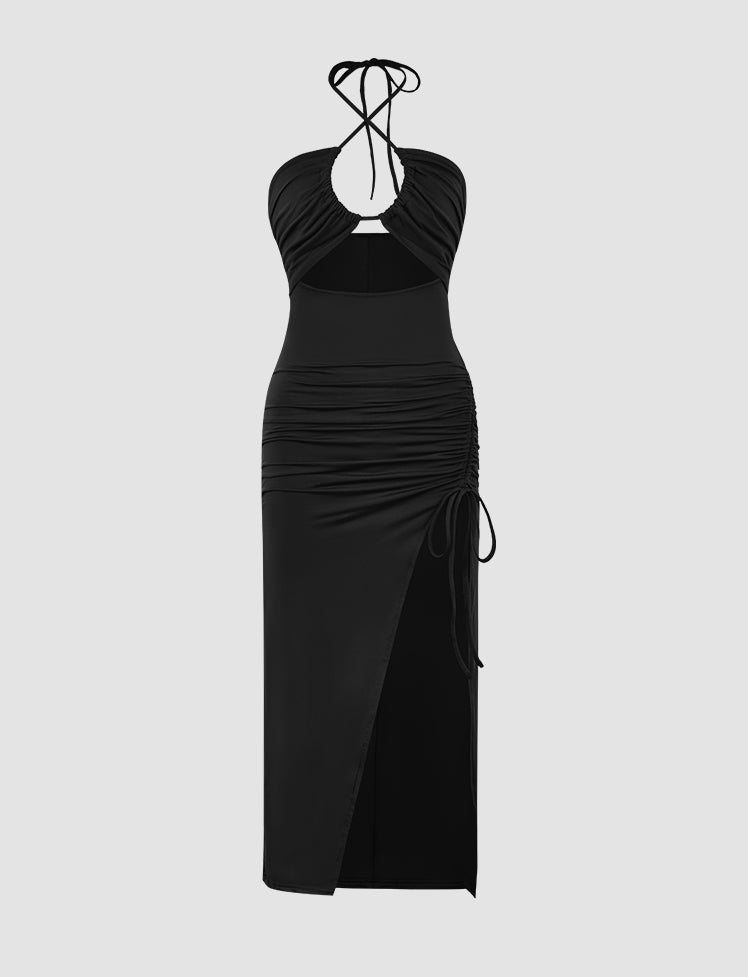 Drawstring Halter Slit Dress