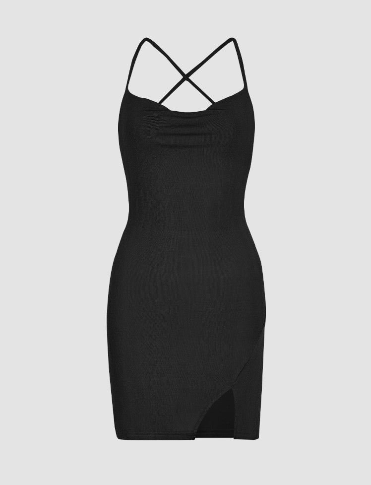 Cowl Neck Halter Slit Side Mini Dress