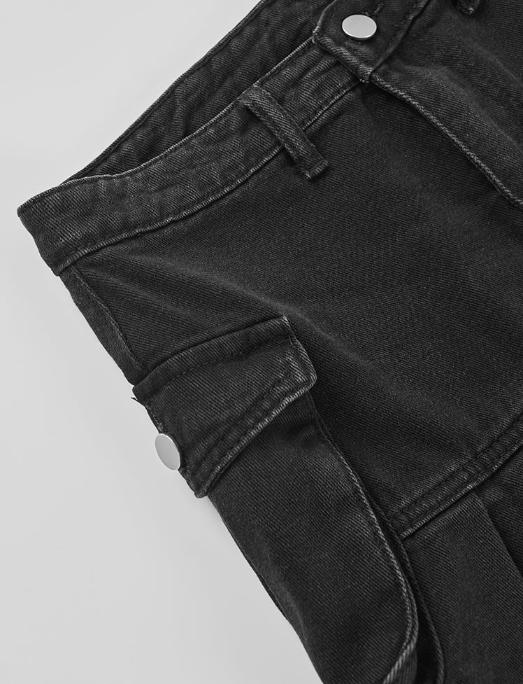 Black Ruched Denim Zipper Skirt