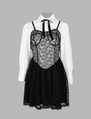 Black Lace Cami Dress&White Tie Blouse Set