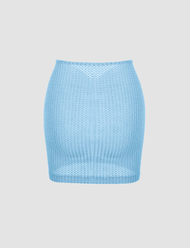 Blue Drawstring Knit Crop Top & Skirt Set